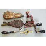 G & J W Hawksley 12 bore shotgun cartridge rollover tool together with a nipple key, a brass