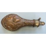 G & JW Hawksley copper and brass powder flask with embossed scrolling decoration around birds,