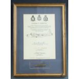 Royal Air Force WW2 framed certificate of authenticity number 5 for a .303 bullet recovered with the