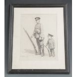 Drawing of a soldier of the Leicestershire Regiment with his son 'One Day Dad', signed R A