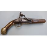 Private purchase or officer's flintlock pistol with embossed brass butt cap, trigger guard and wrist