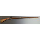 Replica flintlock Kentucky style rifle with working action, gilt mounts and 43 inch octagonal