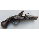 Indistinctly named flintlock double barrelled side by side pocket pistol with silver wire and