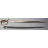 Continental 19thC sword with stirrup guard and wooden grip, the 67cm double edged blade with some