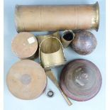 A collection of trench art including two shell case boxes, mini coal scuttle, letter opener