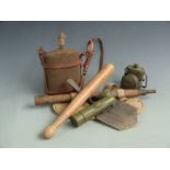 British WW2 entrenching tool with canvas carrier, water bottle, signalling lamp, torch etc