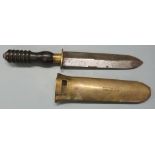 Brass diver's knife with sheath stamped no-magnetic 0433-431-7339, blade length 19cm. PLEASE NOTE