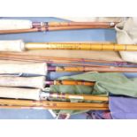 A collection of split cane fly fishing rods including Scottie Aberdeen and Featherweight, Ogden