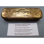 An 18thC brass tobacco box commemorating the Battle of Minden with rubbed engraving to lid of the