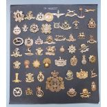 Fifty-two British Army cap badges including Harrow Rifles, North Staffordshire Regiment, Scottish