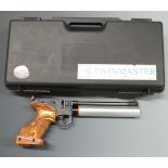 Rohm Twinmaster Match .177 target air pistol with adjustable sights, show wood grip and trigger,