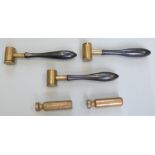 Three James Dixon & Sons brass adjustable powder and shot measures all with turned wooden handles