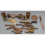 Small collection of trench art and inert ammunition including a pair of miniature kukri knives,