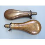 Two James Dixon & Sons copper and brass powder flasks, largest 20cm long.