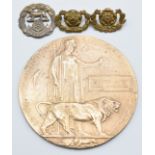 British Army WW1 Memorial Plaque / Death Penny for Francis James Fred Paradice with three badges for