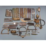 Quantity of military ephemera including locks, clasp, knives, mirror, button slides, cuttlery etc