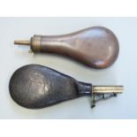 Leather shot pouch together with a copper and brass powder flask, largest 20.5cm long.