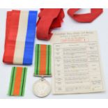 WW2 British Defence Medal for J R Fitch with box and postal envelope addressed to J R  Fitch,