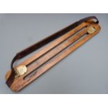 James Dixon & Sons wooden game carrier with brass mounts and wood and leather handle, 50cm long