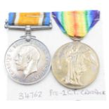 Royal Air Force WW1 medal pair War Medal and Victory Medal named to 34762 Pte C T Craddock, RAF,