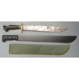 Two machetes, one with wooden grip, the other with plastic and China to 35cm blade. PLEASE NOTE