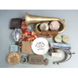 Quantity of military ephemera including Royal Artillery bugle, chrome hand grenade, junior leader'