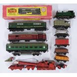 Fourteen Hornby Dublo 00 gauge model railway locomotives, coaches and wagons including 2-rail BR