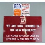 Whitbread 1970s metal sign advertising the use of decimal currency, 20 x 30cm