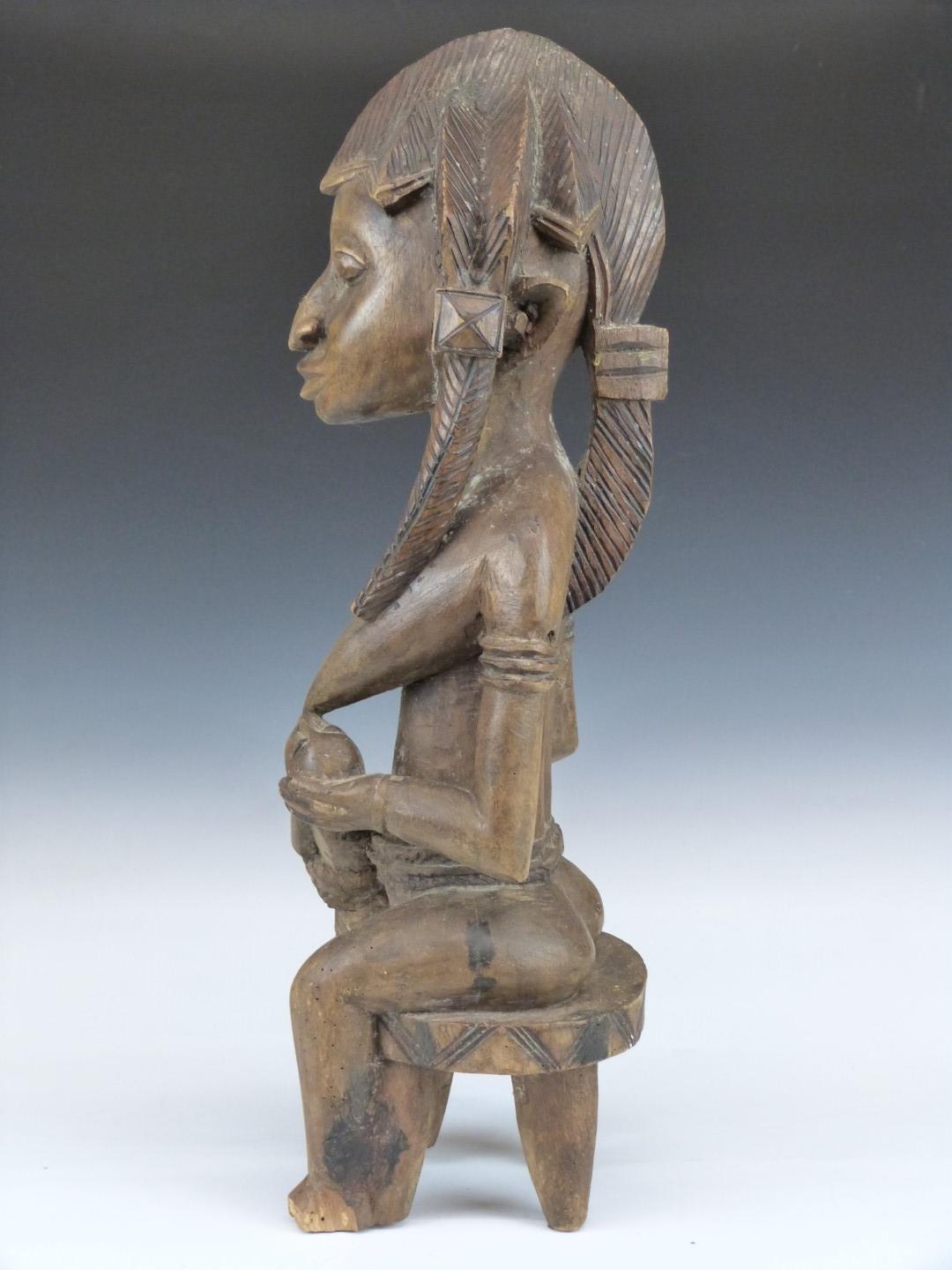 African tribal Bamana carved fertility/ maternity figure of a seated mother feeding her child, - Image 2 of 5