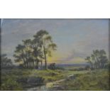 L Richards oil on canvas sunset over an extensive landscape with sheep, signed lower left, 39 x