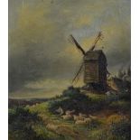 Henry Maurice Page (1845-1908) oil on canvas windmill with shepherd and sheep to foreground,