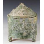 Chinese Han dynasty green glazed terracotta covered censer or hill jar raised on three feet with