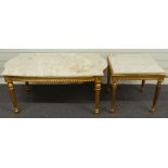 Two continental giltwood and marble topped coffee tables, the largest with serpentine ends, both