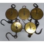 Five Salter spring balances with circular brass dials comprising MMB branded 20M 40lb, No 80 20lb,