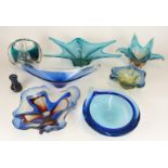Eight pieces of Murano and similar blue glassware including bowls and vases, largest 34cm long.