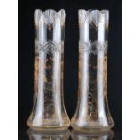 Pair of Moser clear cut glass vases with enamel decoration, 28.5cm tall.