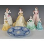 Six Coalport figurines and Wedgwood tri colour plate