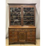 19thC astragal glazed inlaid secretaire bookcase with multiple compartments, central cupboard to