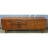 Retro G Plan style sideboard with four drawers flanked by cupboards, W214 x D48 x H74cm