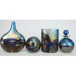 Four pieces of Isle of Wight glass comprising two vases, scent bottle and a paperweight all with