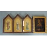 A 19/20thC triptych icon and a picture behind glass of a 19thC lady, largest 27 x 43cm