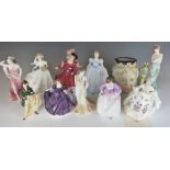 Ten Royal Worcester, Coalport and Royal Doulton figurines including Ashley, Patricia, Diana, Lily,