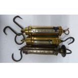 Three Salter patent large cylindrical spring balances with nickel scales, comprising 30, 60 and 80lb