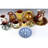 A collection of pottery and porcelain including 19thC Wedgwood dish, Crown Devon lustre galleon jug,