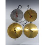 Four Salter milk spring balances comprising No 57 with chrome dial, No57 with brass dial, Fullwood