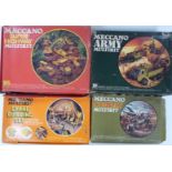 Four Meccano Multikit sets comprising crane, super highway, combat and army, together with a