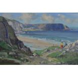 Rowland Hill (Irish 1915-1979) oil on board two girls talking on cliffs above a sandy beach with