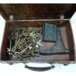 A quantity of vintage keys, voltmeter in leather suitcase