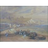 19thC watercolour of Dover depicting the town with beach, boat coming in and castle and cliffs