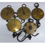 Five Salter spring balances with circular brass dials comprising GPO marked 50lb, one calibrated